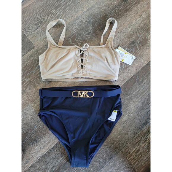Michael Kors Lace Up Bikini Top‎ and High Waisted Belted Swim Bottoms Medium #17 - Picture 1 of 6